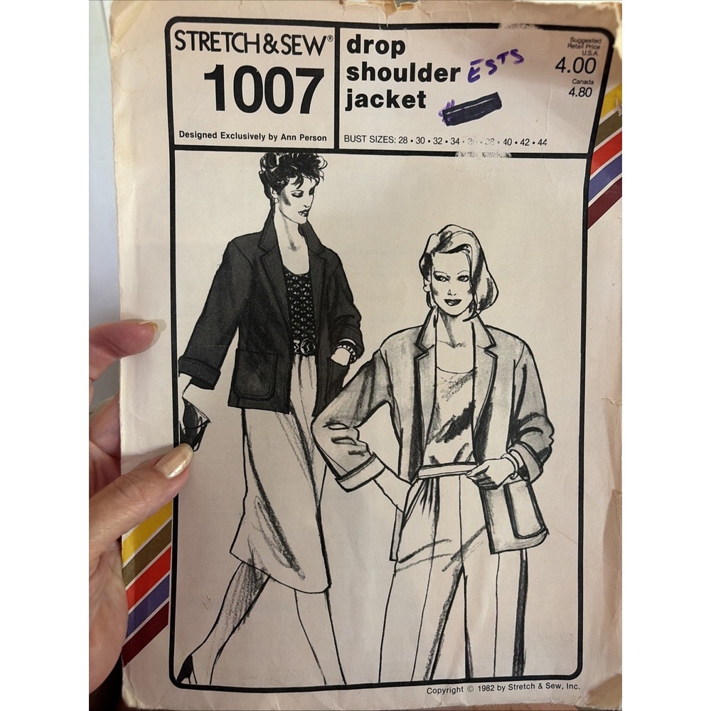 Stretch & Sew 1007 Vintage Drop Shoulder Jacket Sewing Pattern Bust 28-44 Uncut